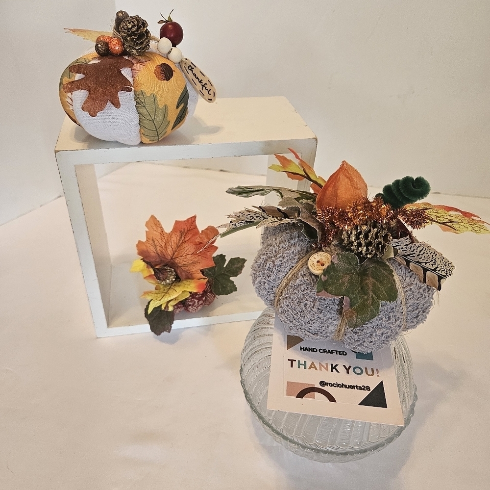 Hand Crafted Fabric Pumkins trio holiday decor harvest motif fall handmade art - Picture 3 of 16